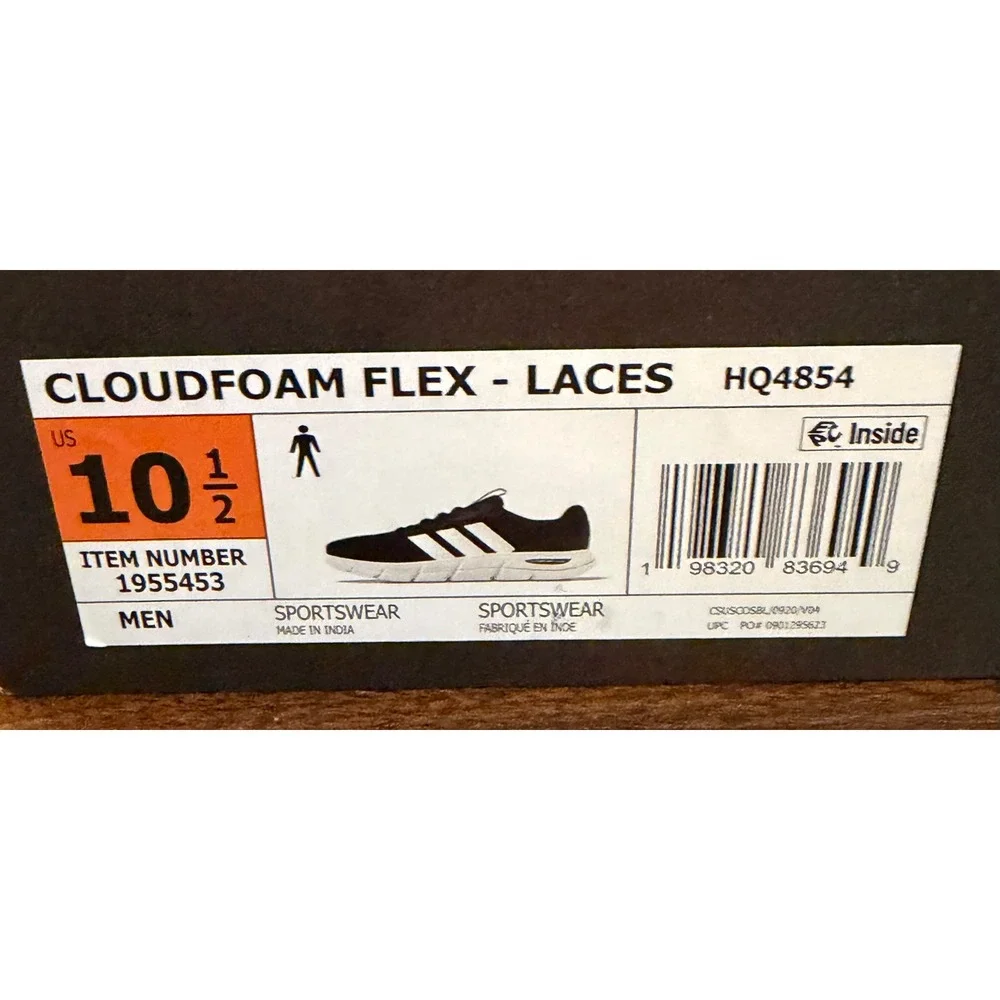 NWT Adidas Cloudfoam Flex Laces Mens 10.5 Black White Running Shoes HQ4854 Gym